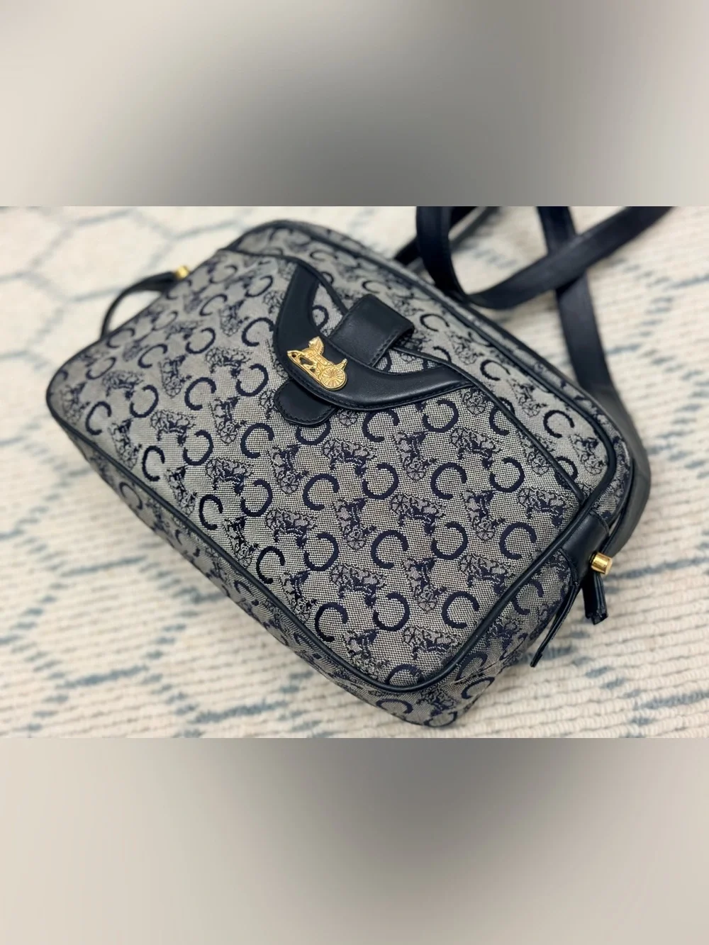 CELINE Vintage 80’s Navy C Sulky Canvas Monogram Carriage Adjust. Crossbody